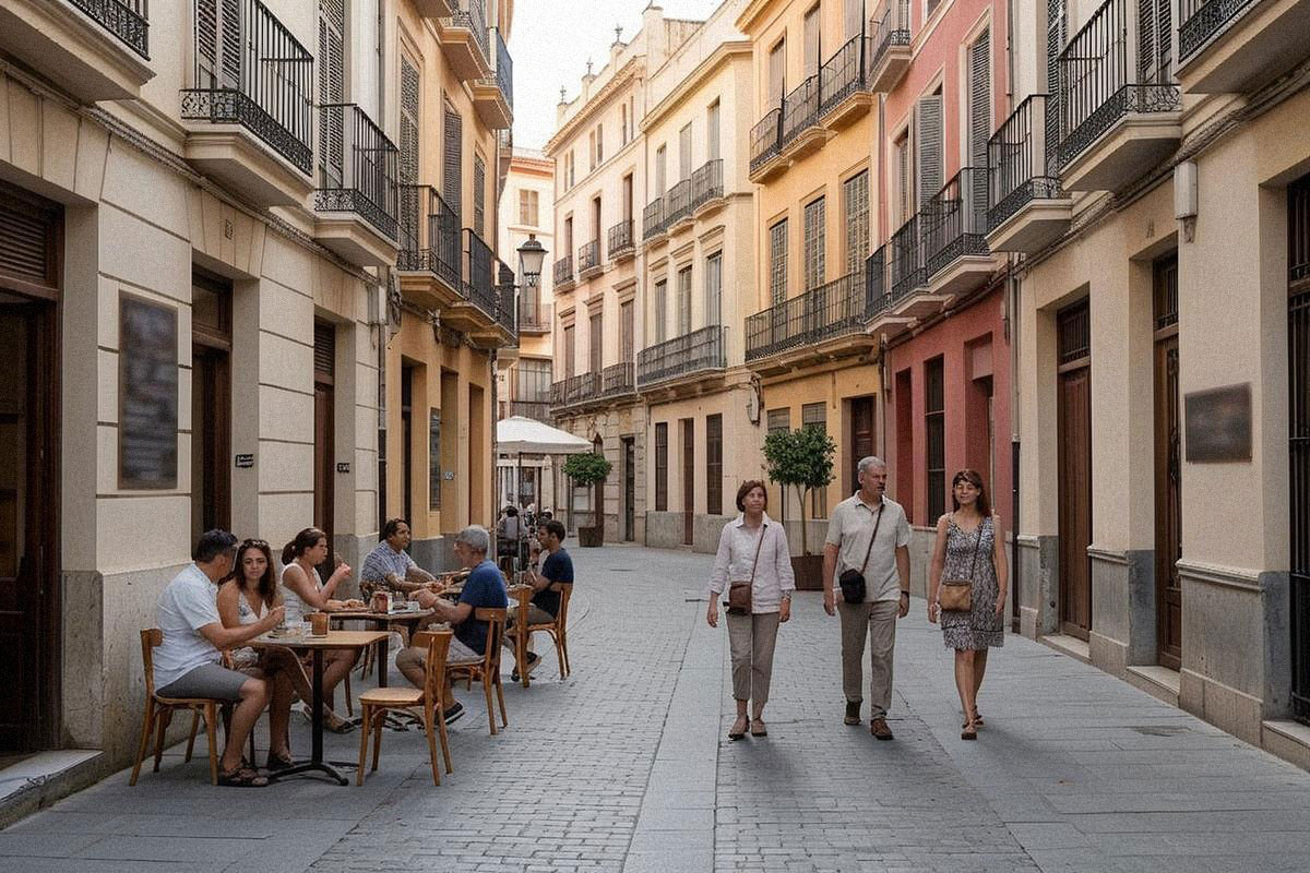 Terrasse animée d’une ville ibérique en début de soirée, façades anciennes, petites tables et voyageurs marchant sans bagages lourds dans un quartier central accessible à pied