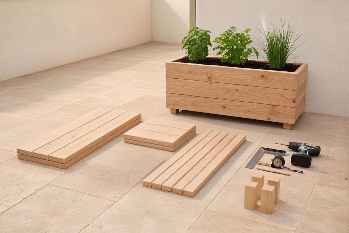 Terrasse claire avec planches de bois préparées au sol, mètre, équerre et perceuse à proximité, tandis qu’une jardinière terminée remplie d’aromatiques apparaît en arrière-plan