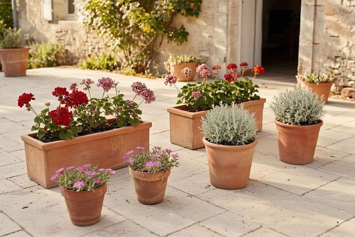 Terrasse ensoleillée avec jardinières de pélargoniums rouges et roses, accompagnées de santolines argentées et de petits pourpiers fleuris dans des pots en terre cuite