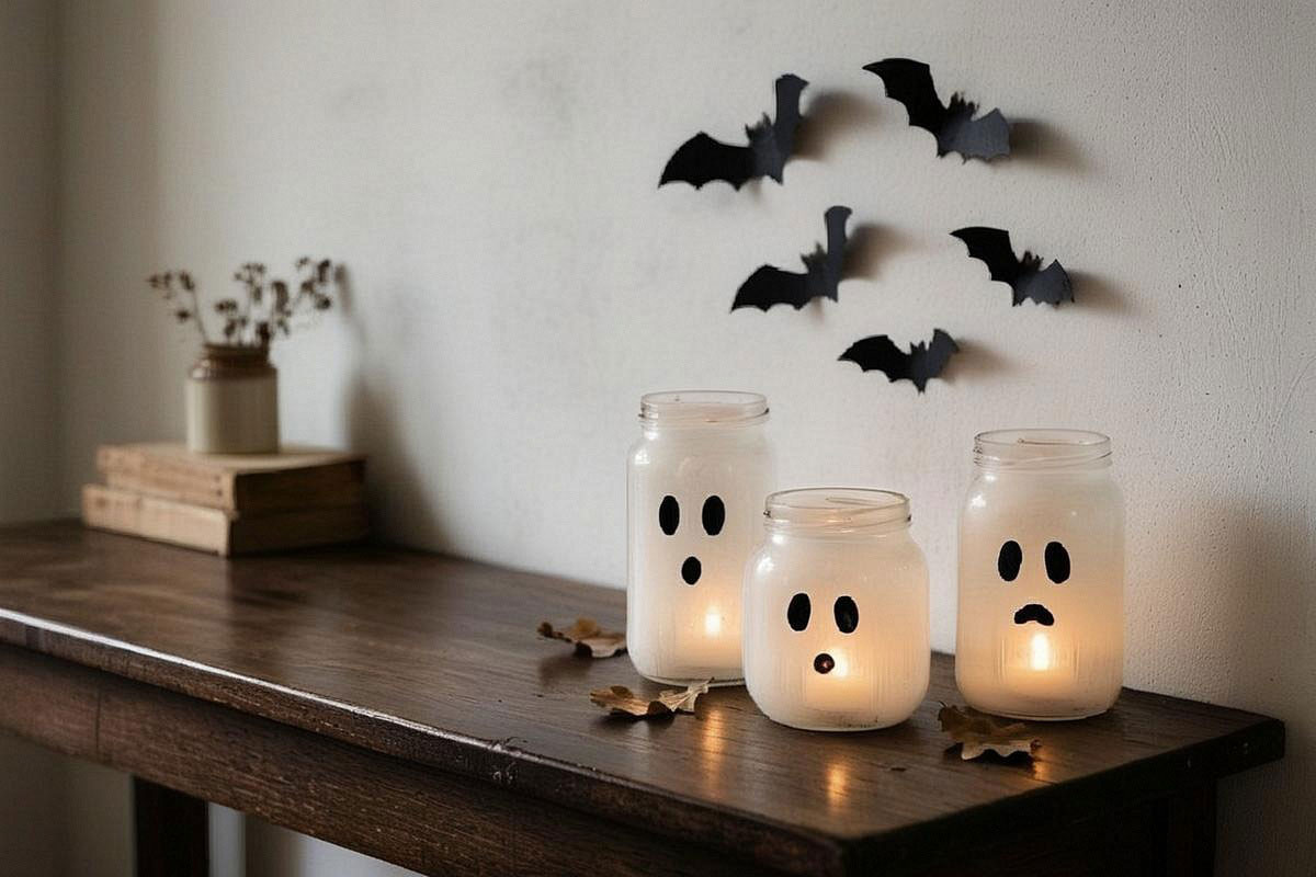 Trois bocaux fantômes de tailles différentes éclairés par des LED chaudes sur une console sombre, entourés de petites chauves-souris découpées en papier noir