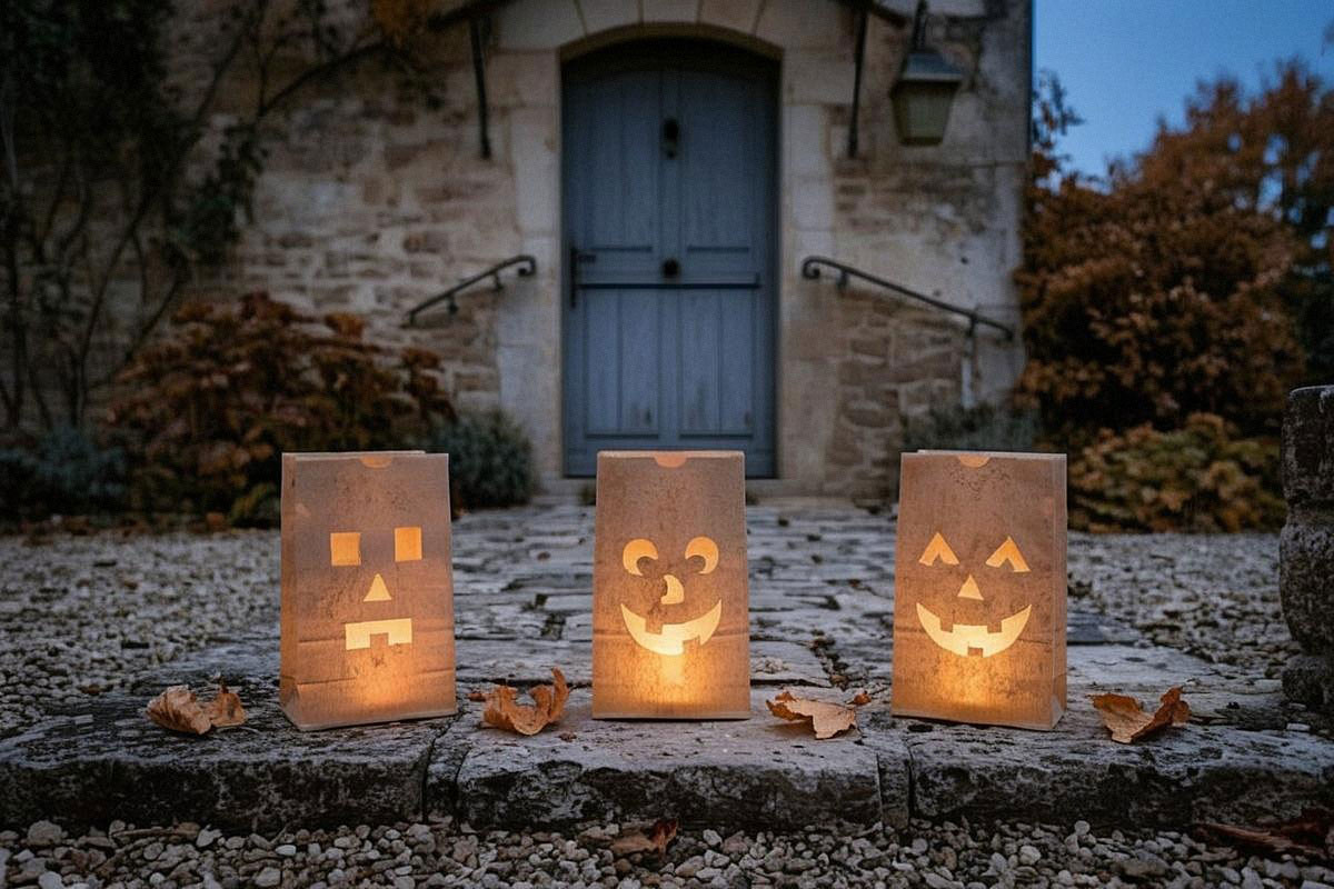 Trois lanternes Halloween en sacs de papier décorés de visages différents, éclairées uniquement par des LED et alignées devant une porte abritée