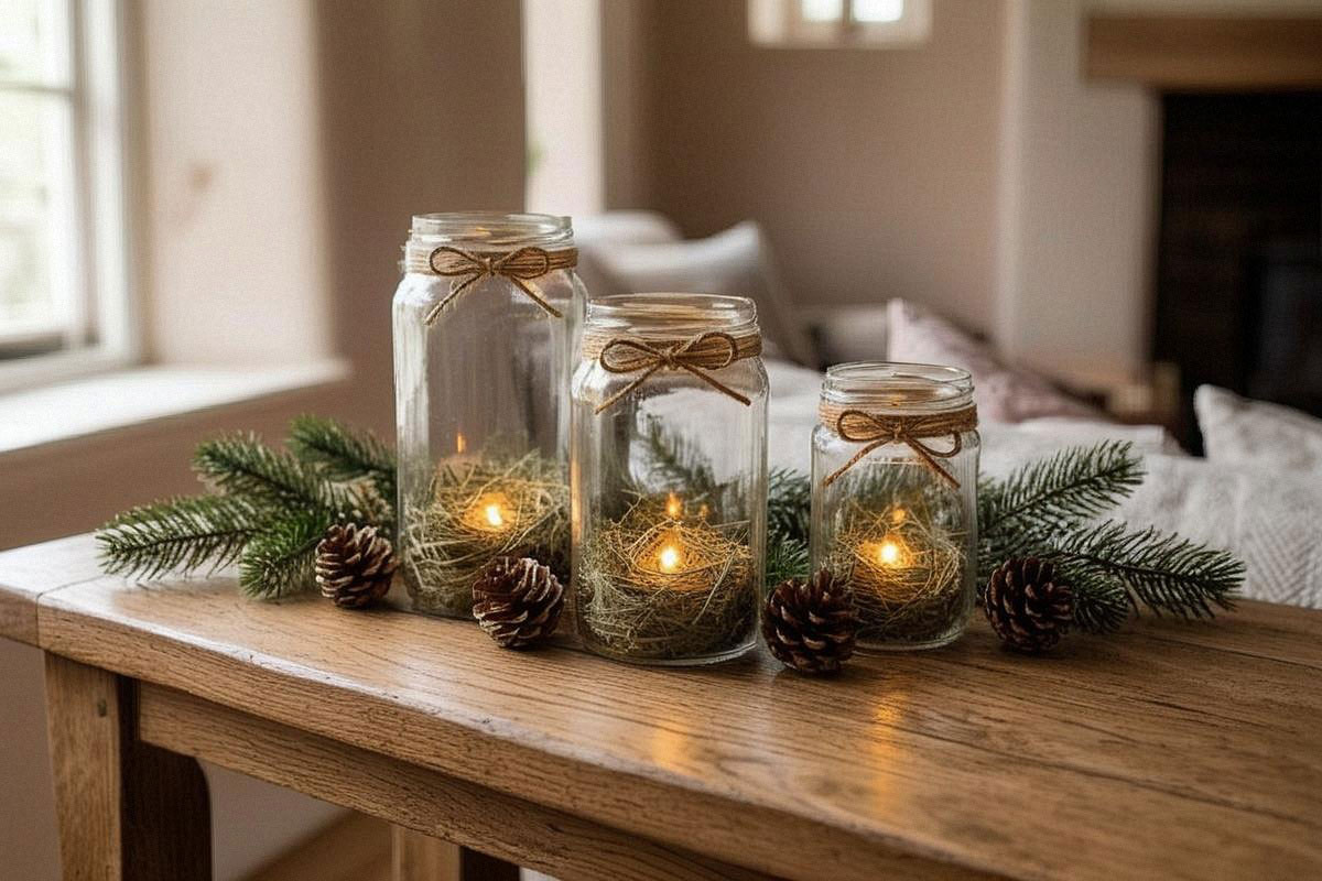 Trois photophores faits avec des bocaux en verre, ficelle naturelle et petites lumières LED, disposés sur une console avec branches de sapin et pommes de pin