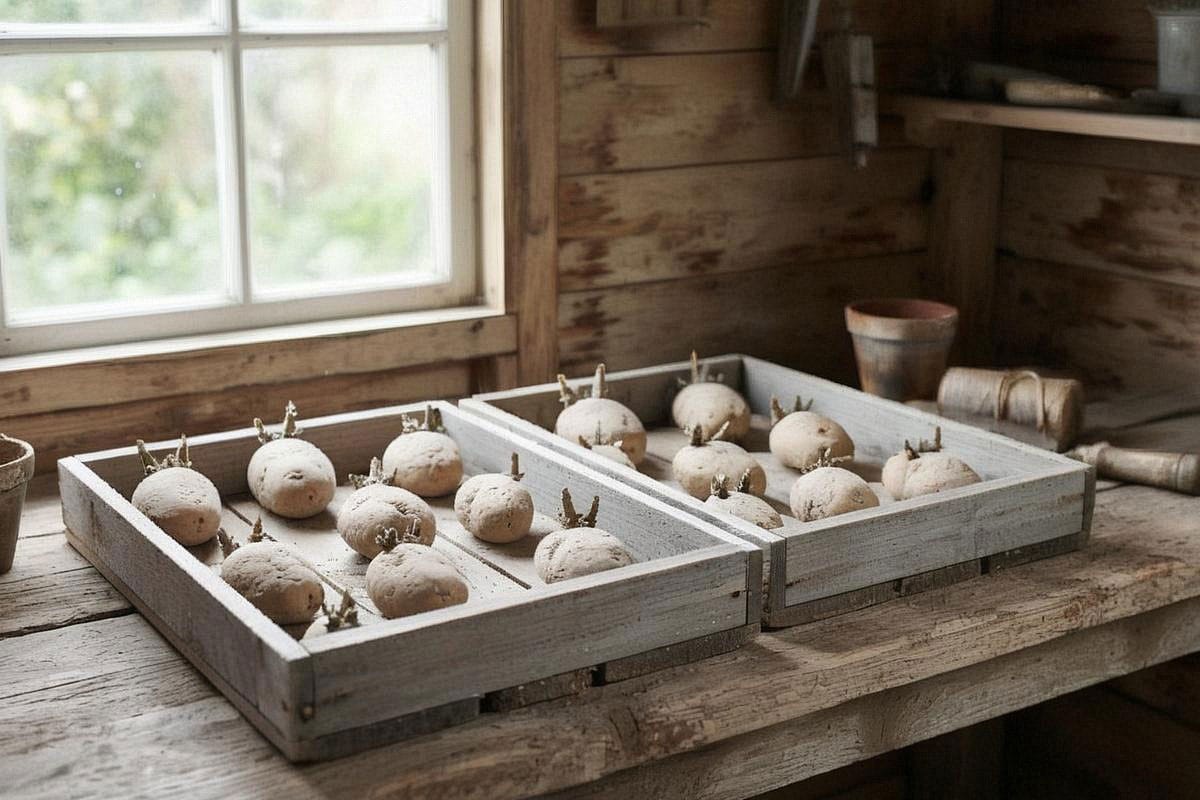 Tubercules de pommes de terre prégermés dans des cagettes, avec germes courts et trapus de deux à trois centimètres, placés devant une fenêtre lumineuse dans un local frais