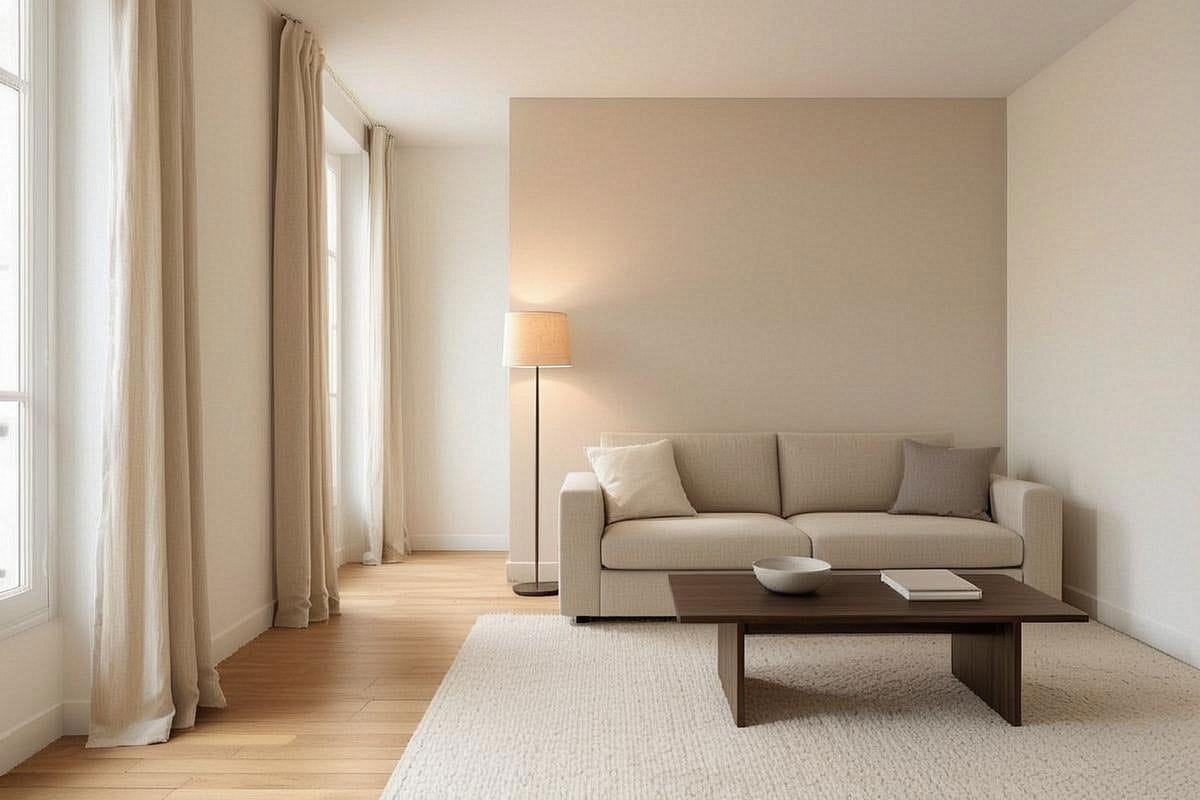 Vue avant-après suggérée d'un salon clair, avec même canapé conservé mais ajout d'un tapis texturé, d'un lampadaire, de rideaux en lin et d'un mur beige doux