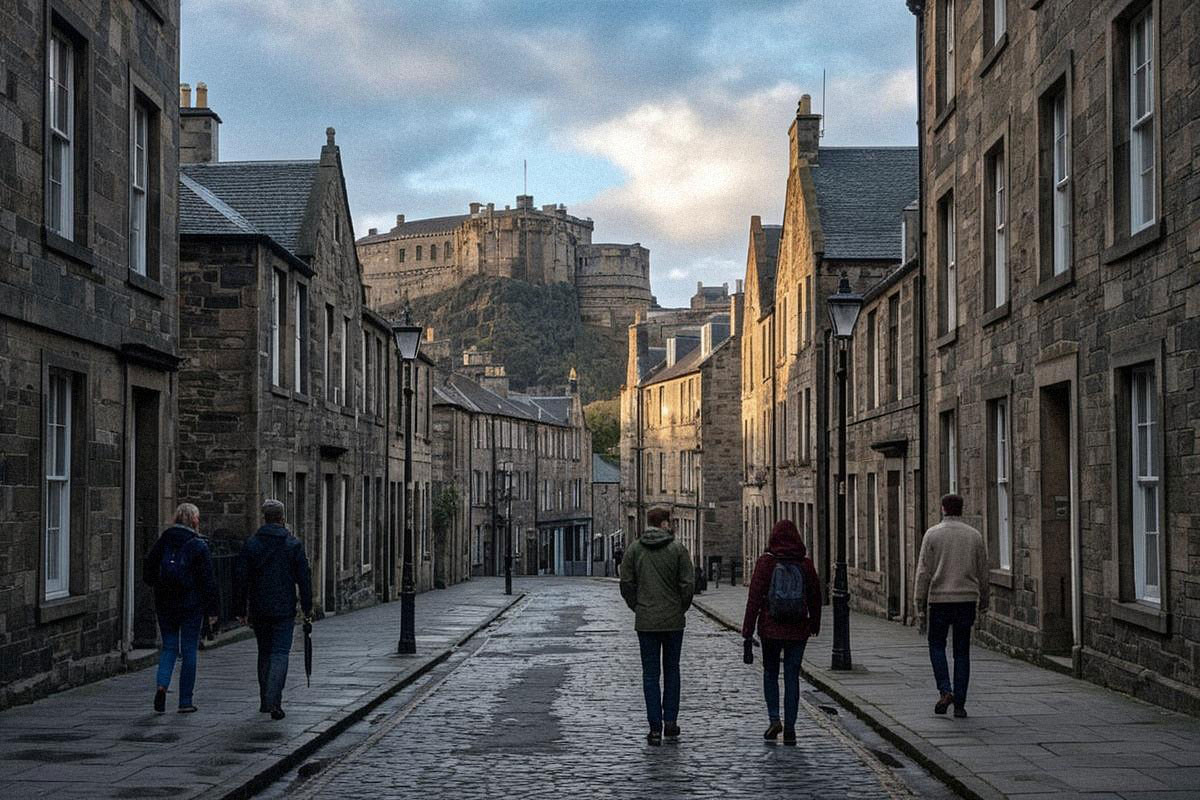 Vue d’Édimbourg depuis une rue en pente, bâtiments de pierre sombre, château en hauteur et voyageurs équipés de vestes légères sous un ciel changeant