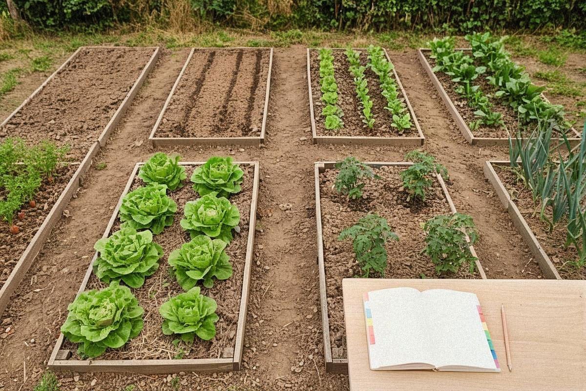 Vue de dessus d’un potager découpé en plusieurs planches, avec semis, jeunes plants et légumes adultes, tandis qu’un carnet indique les mois de janvier à décembre