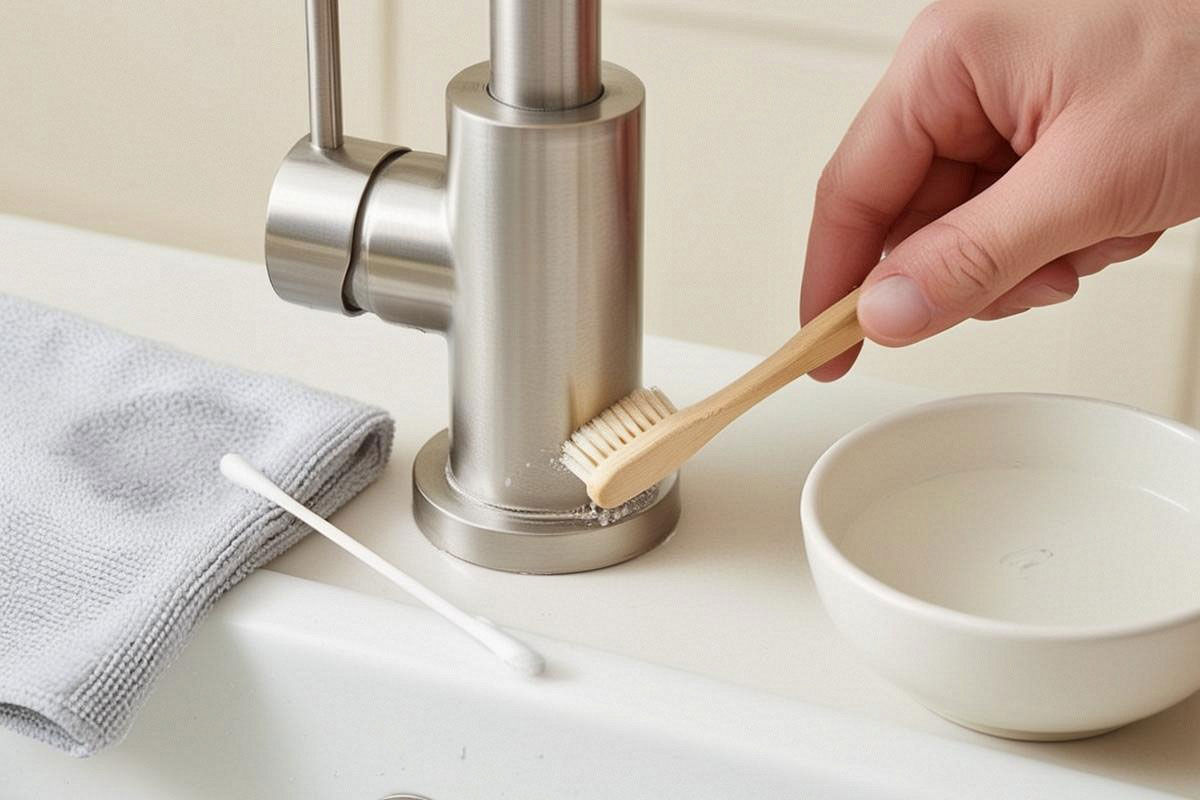 base d’un robinet en inox nettoyée avec une petite brosse à dents souple, avec une microfibre et aucun accessoire abrasif