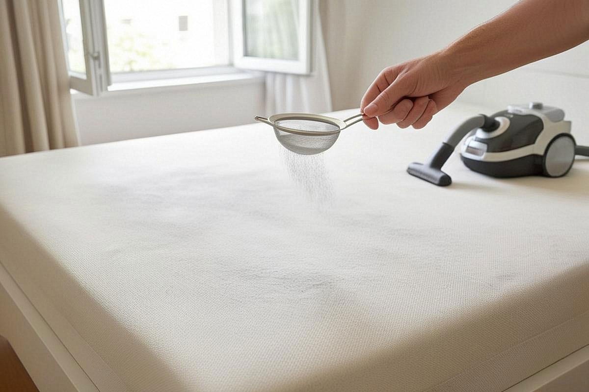 bicarbonate réparti en couche très fine sur un matelas parfaitement sec, avec une petite passoire posée à proximité et un aspirateur prêt à retirer la poudre après le temps de pose