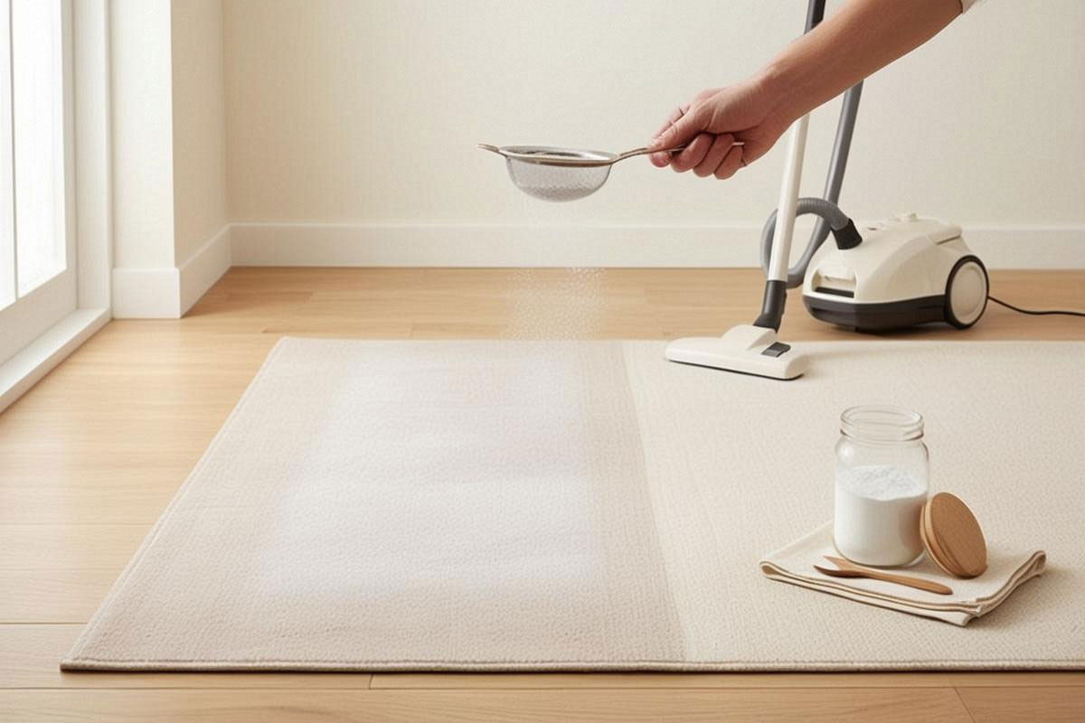 bicarbonate saupoudré en couche fine sur un tapis clair, avec une main tenant un petit tamis et un aspirateur placé à proximité