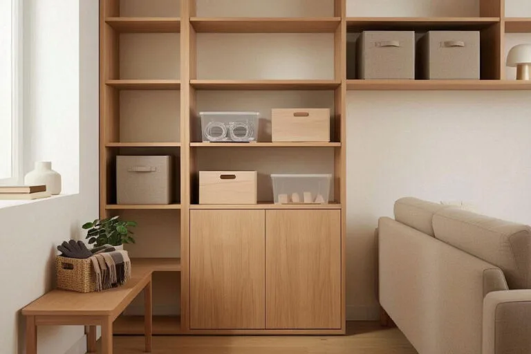 Intérieur organisé avec plusieurs boîtes de rangement adaptées aux différentes pièces