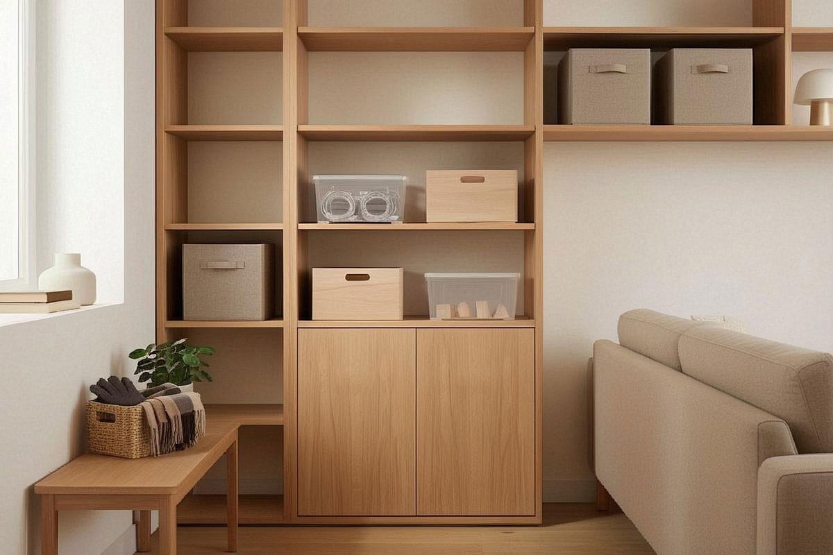 Intérieur organisé avec plusieurs boîtes de rangement adaptées aux différentes pièces