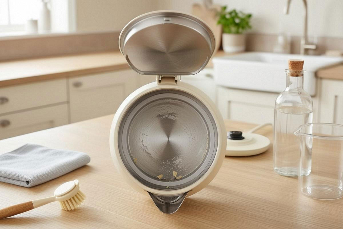 bouilloire électrique ouverte montrant une couche blanche de calcaire sur le fond et les parois, avec une bouteille en verre de vinaigre blanc et un verre doseur posés à proximité