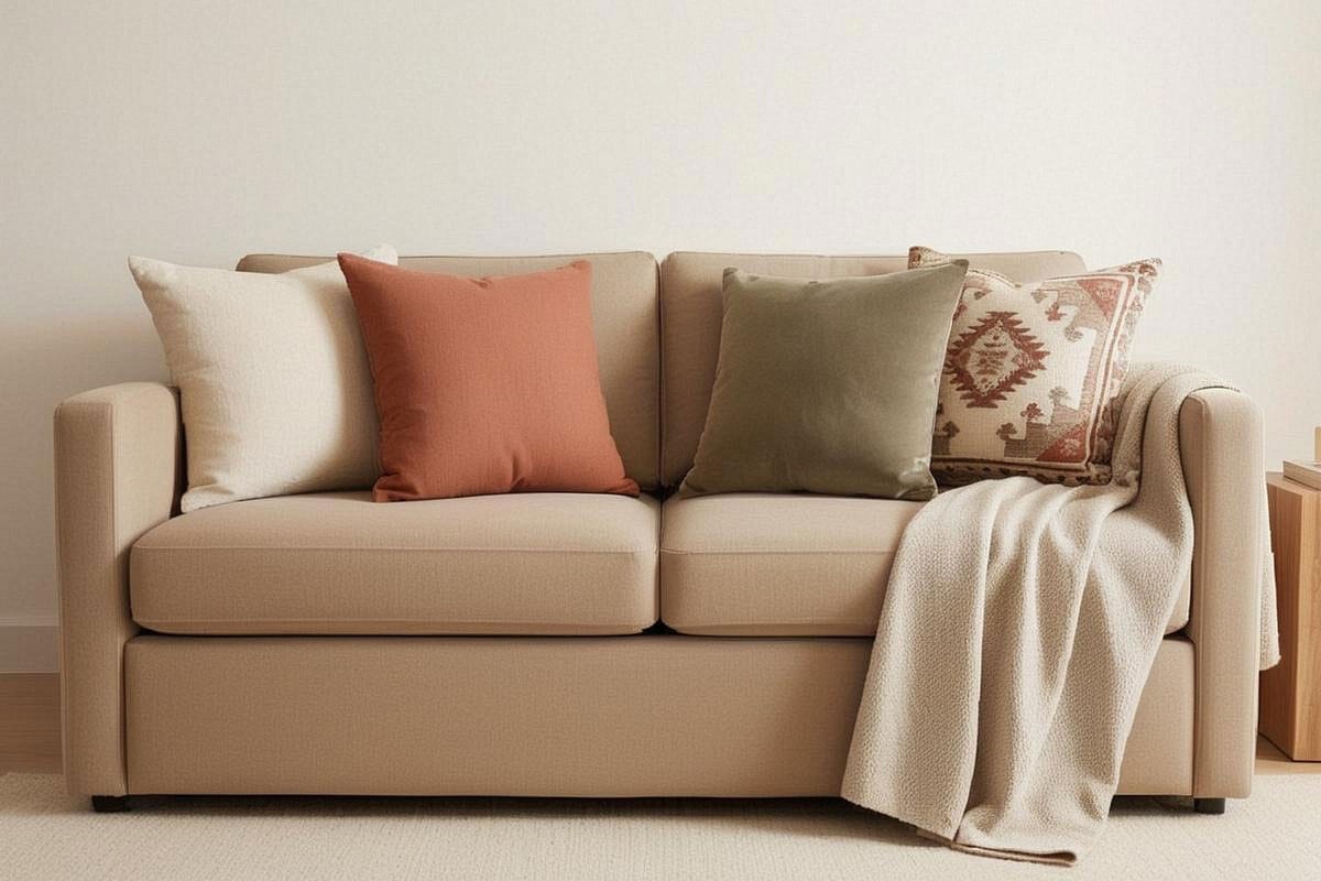 canapé beige bohème élégant avec quatre coussins en lin, coton texturé et velours mat dans des tons crème, terracotta et olive, accompagné d’un seul plaid en laine