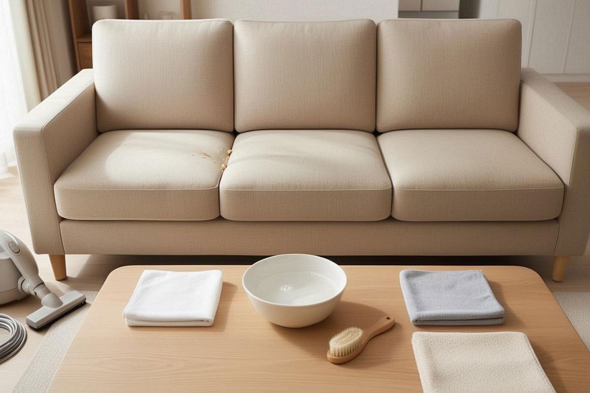 canapé en tissu beige dans un salon lumineux, accompagné d’un aspirateur muni d’une brosse douce, de deux microfibres, d’un bol d’eau savonneuse et d’une petite brosse souple
