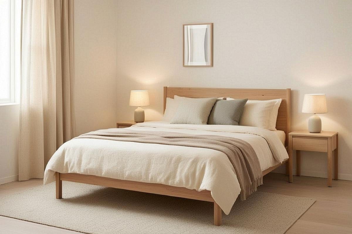 chambre scandinave chaleureuse avec lit en bois clair, linge de lit beige et écru, plaid en laine, tapis doux, tables de chevet simples et lampes diffusant une lumière chaude
