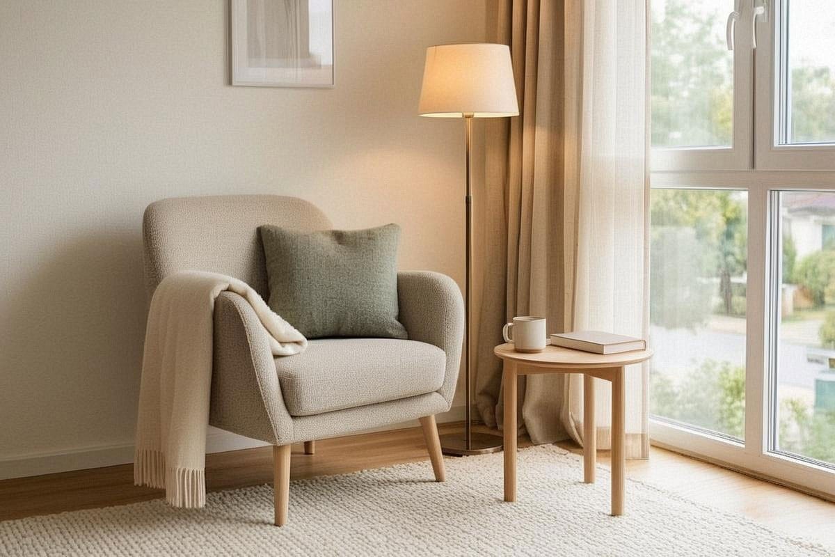 coin lecture scandinave près d’une fenêtre avec fauteuil beige enveloppant, plaid en laine, petite table ronde en bois, lampe minimaliste et tapis crème