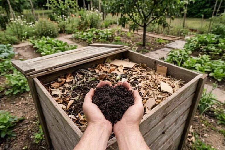Compost maison mûr à la texture sombre et grumeleuse devant un composteur de jardin