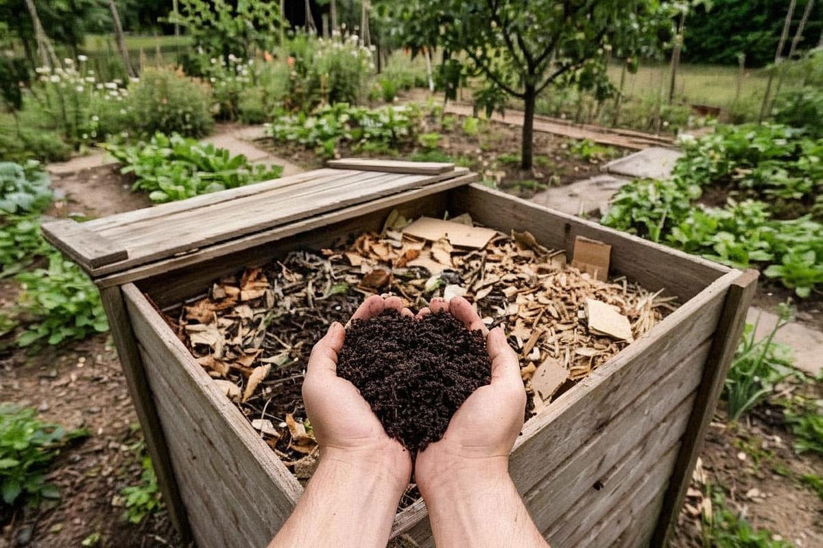 Compost maison mûr à la texture sombre et grumeleuse devant un composteur de jardin