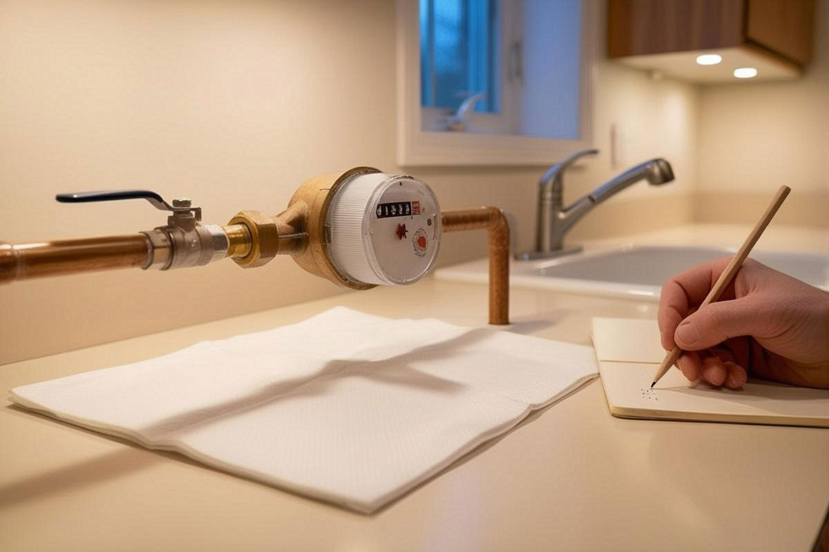 compteur d’eau domestique photographié avant un test nocturne, avec robinets fermés et aucune fuite visible autour des tuyaux