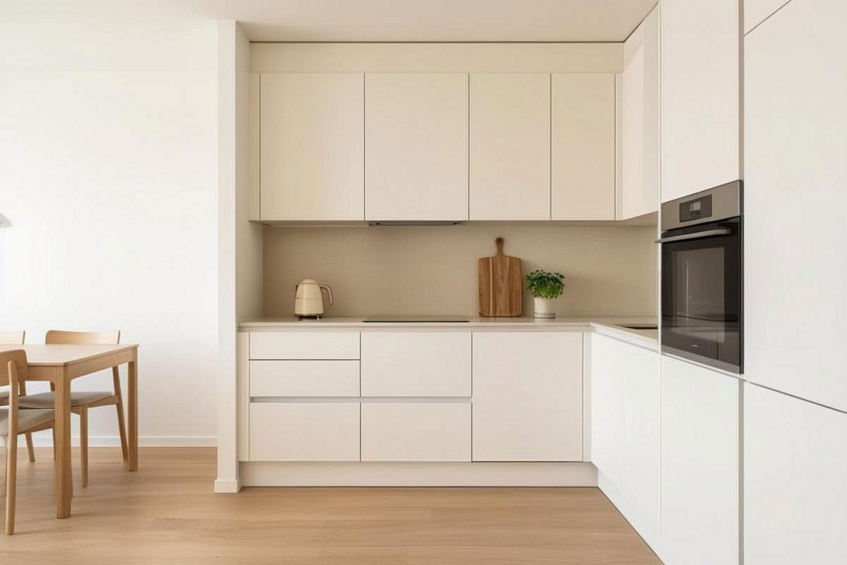 cuisine compacte en fin de rangement avec plan de travail dégagé, placards fermés, quelques objets essentiels seulement et circulation totalement libre