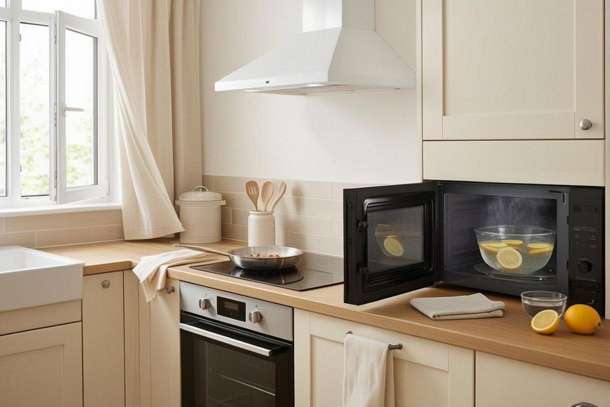 cuisine propre après la préparation d’un repas, fenêtre entrouverte, hotte en fonctionnement et bol d’eau avec rondelles de citron près du four à micro-ondes