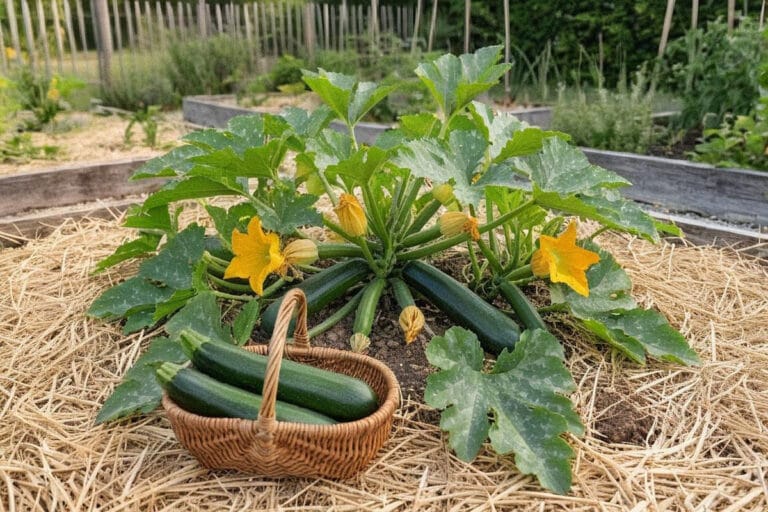 Plant de courgettes productif dans un potager paillé avec plusieurs fruits prêts à récolter
