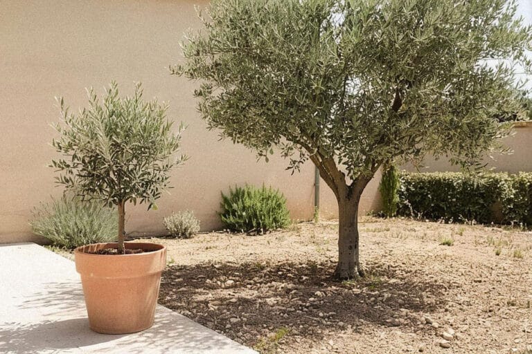 Olivier cultivé en pleine terre et en pot dans un jardin très ensoleillé