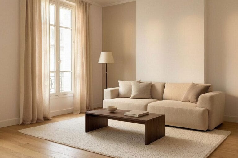 Salon écru et bois baigné de lumière naturelle dans une déco minimaliste chaleureuse