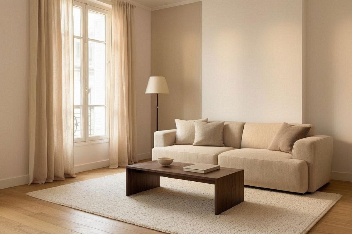 Salon écru et bois baigné de lumière naturelle dans une déco minimaliste chaleureuse