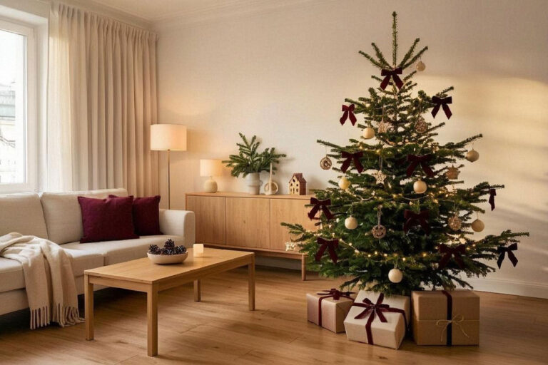 Déco de Noël chaleureuse dans un salon avec sapin, bois et guirlandes lumineuses