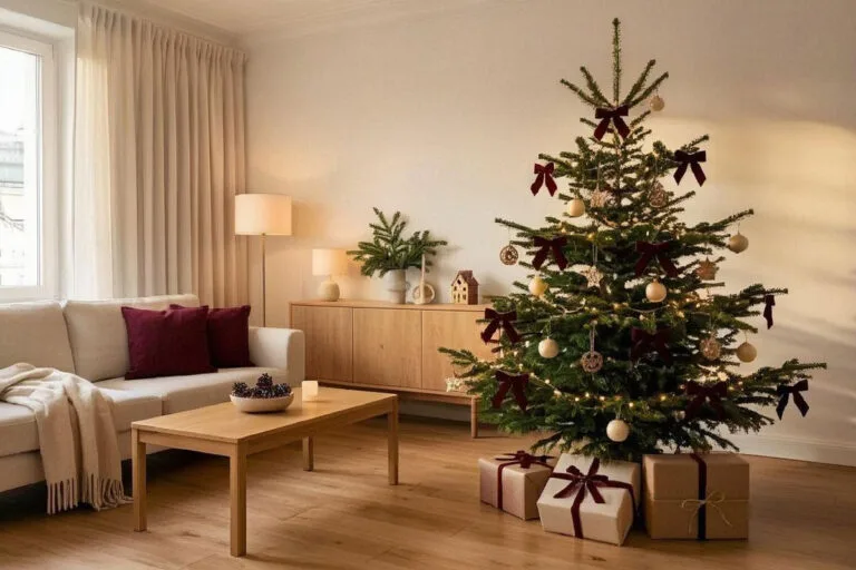 Déco de Noël chaleureuse dans un salon avec sapin, bois et guirlandes lumineuses