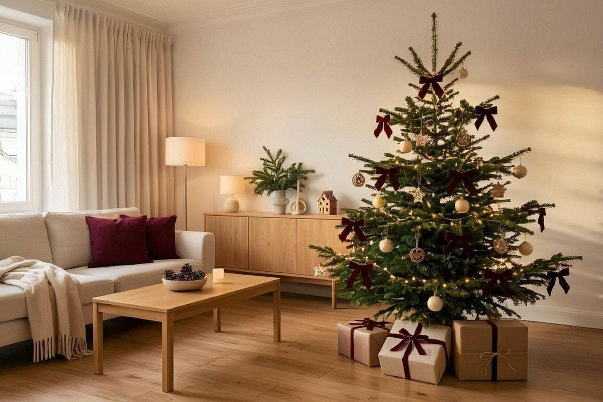 Déco de Noël chaleureuse dans un salon avec sapin, bois et guirlandes lumineuses