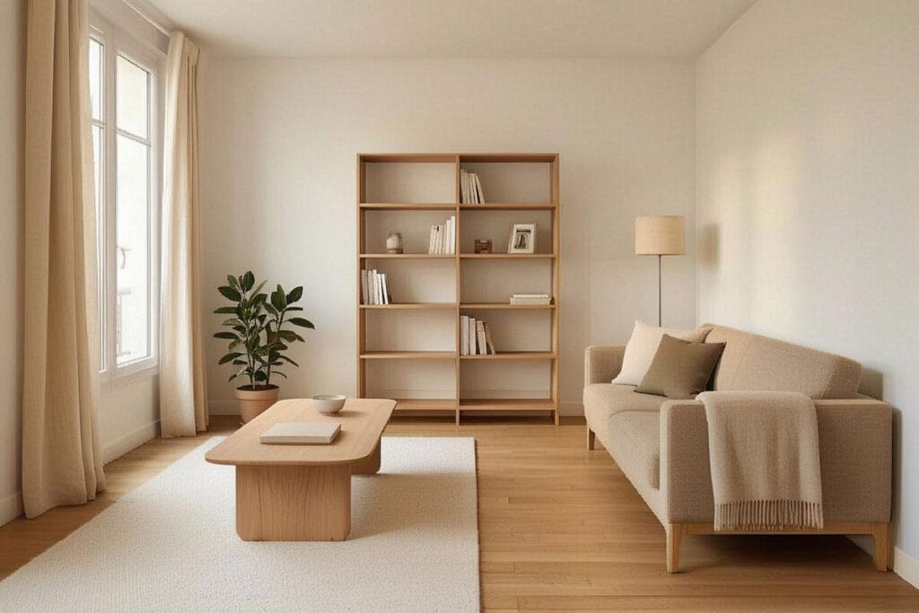 Salon chaleureux et aéré après avoir désencombré sa maison sans supprimer les objets personnels