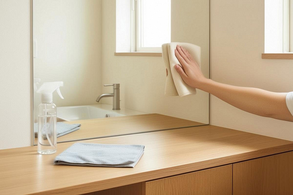 deux microfibres distinctes près d’un miroir propre, l’une légèrement humide pour le lavage et l’autre complètement sèche pour la finition