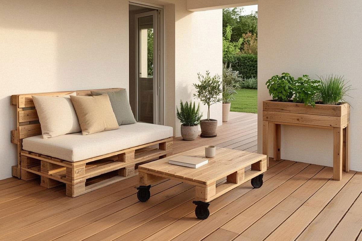 Terrasse aménagée avec plusieurs projets DIY palettes en bois recyclé