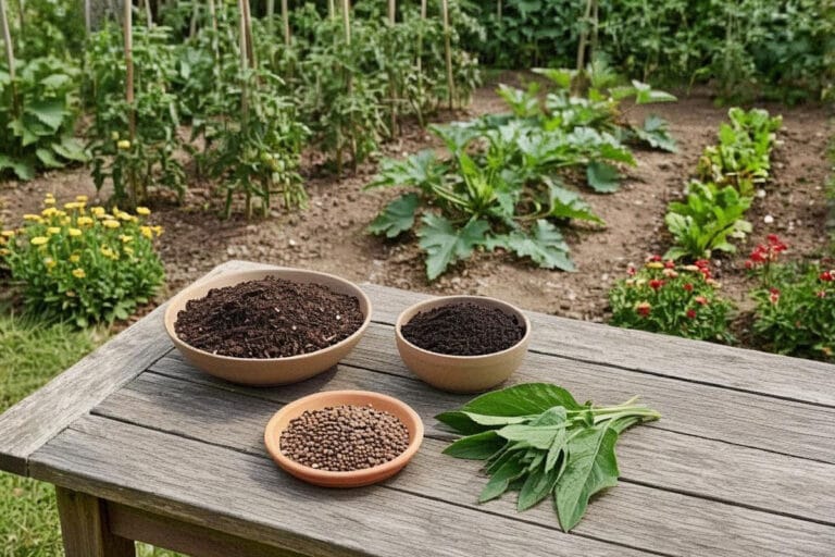 Engrais naturels disposés devant des plantes vigoureuses au jardin