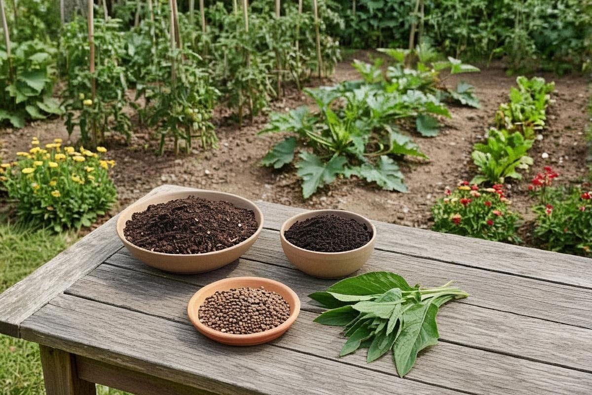 Engrais naturels disposés devant des plantes vigoureuses au jardin