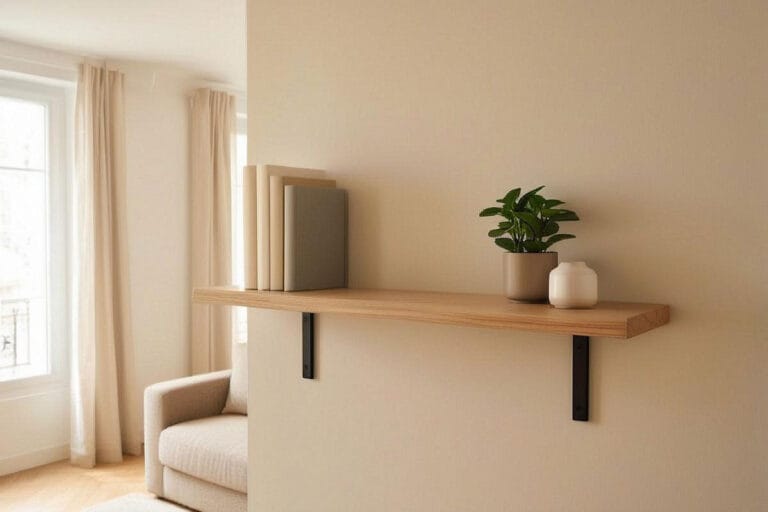 Étagère en bois fabriquée maison fixée sur un mur clair avec livres et plante