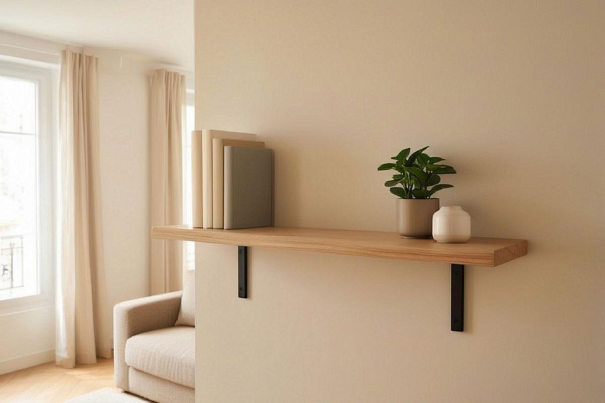Étagère en bois fabriquée maison fixée sur un mur clair avec livres et plante
