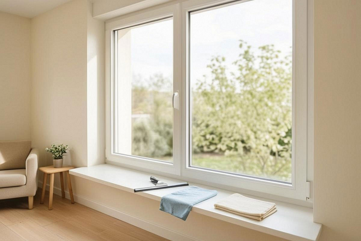 fenêtre parfaitement transparente observée sous une lumière naturelle latérale, sans halo ni coulure, avec raclette et microfibres propres rangées sur le rebord