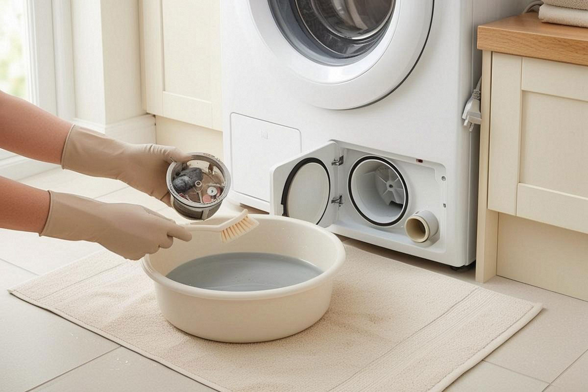 filtre de vidange retiré d’une machine à laver, présenté au-dessus d’une bassine avec fibres et petits débris, tandis qu’une microfibre protège le sol