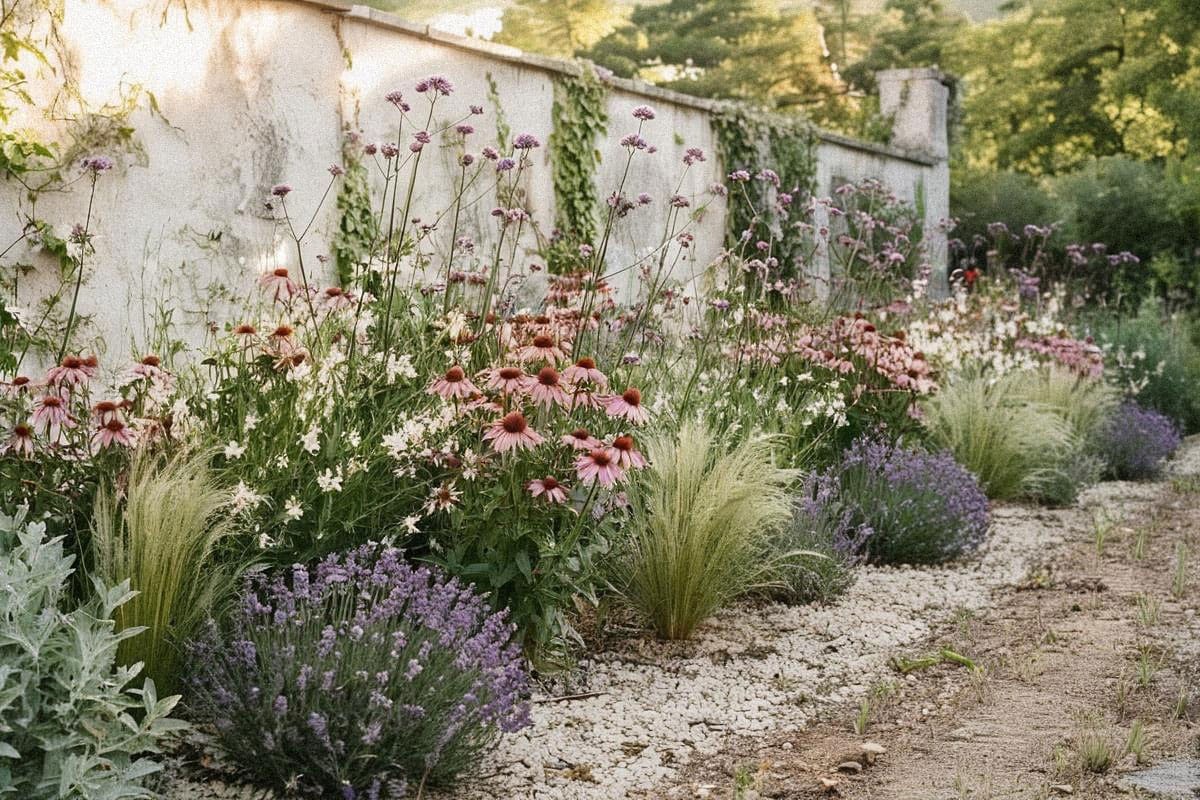 Massif coloré de fleurs tout l’été sans entretien avec gauras, échinacées et lavandes