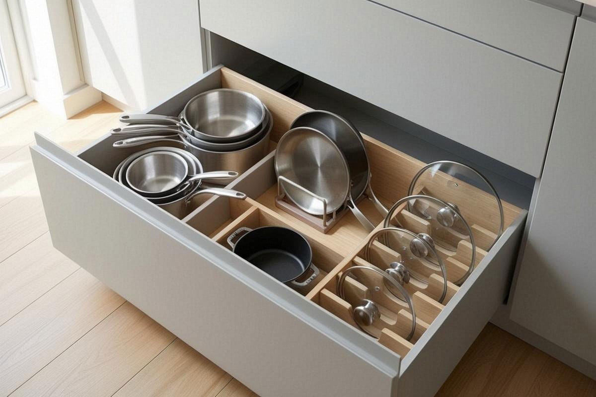 grand tiroir de cuisine ouvert avec casseroles et poêles organisées, couvercles rangés verticalement dans une section séparée