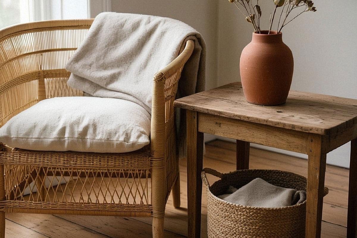 gros plan décoratif associant rotin naturel, table en bois patiné, coussin en lin, plaid en laine, panier en jute et vase artisanal en terre cuite