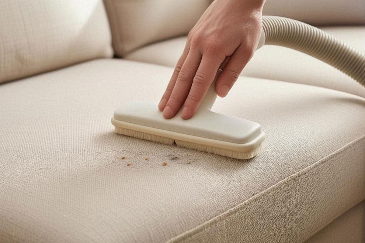 gros plan d’un aspirateur équipé d’un embout brosse douce passant lentement sur l’assise d’un canapé en tissu, avec les coutures et les plis clairement visibles