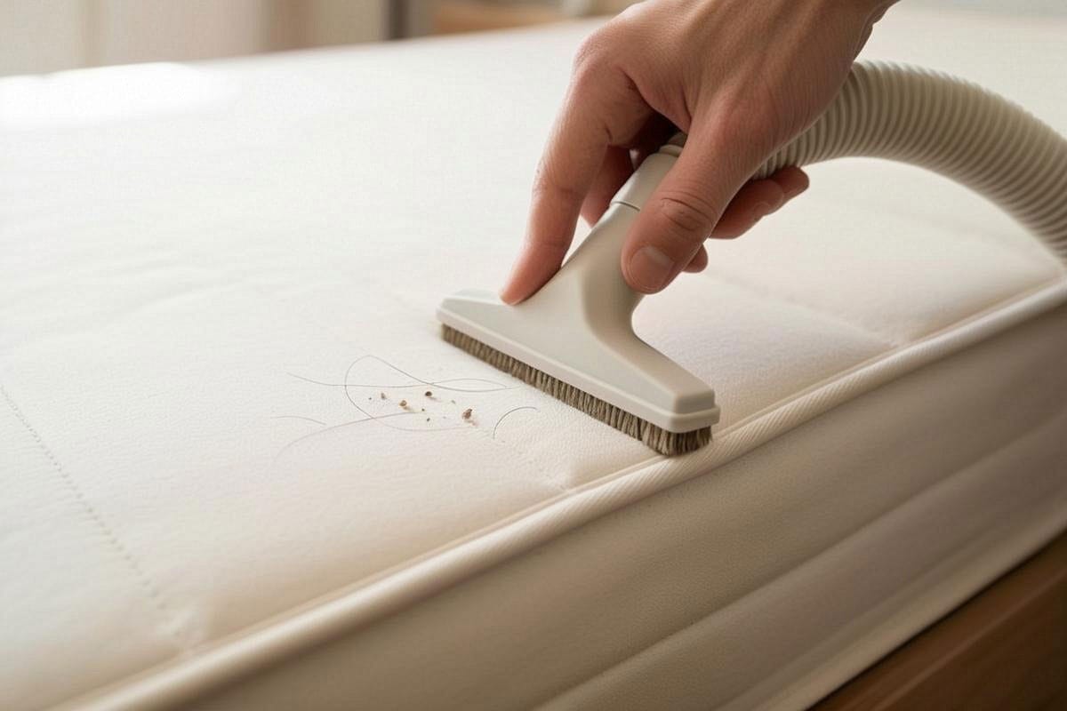 gros plan d’un embout d’aspirateur propre passant lentement sur un matelas blanc, avec poussières fines et quelques cheveux visibles près d’une couture avant aspiration
