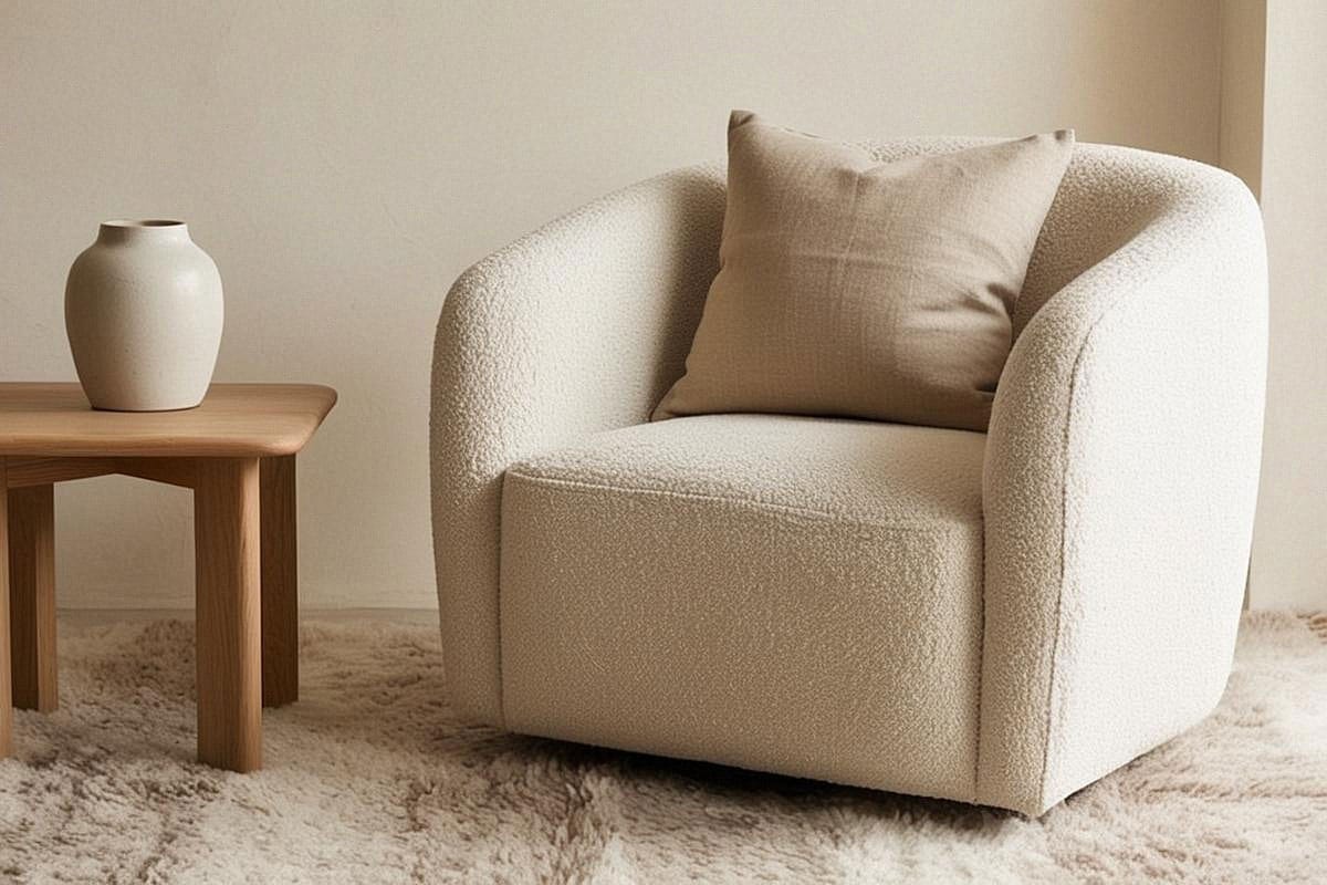 gros plan d’un intérieur montrant mur texturé, fauteuil en bouclé, coussins en lin, tapis en laine, table en bois et céramique artisanale