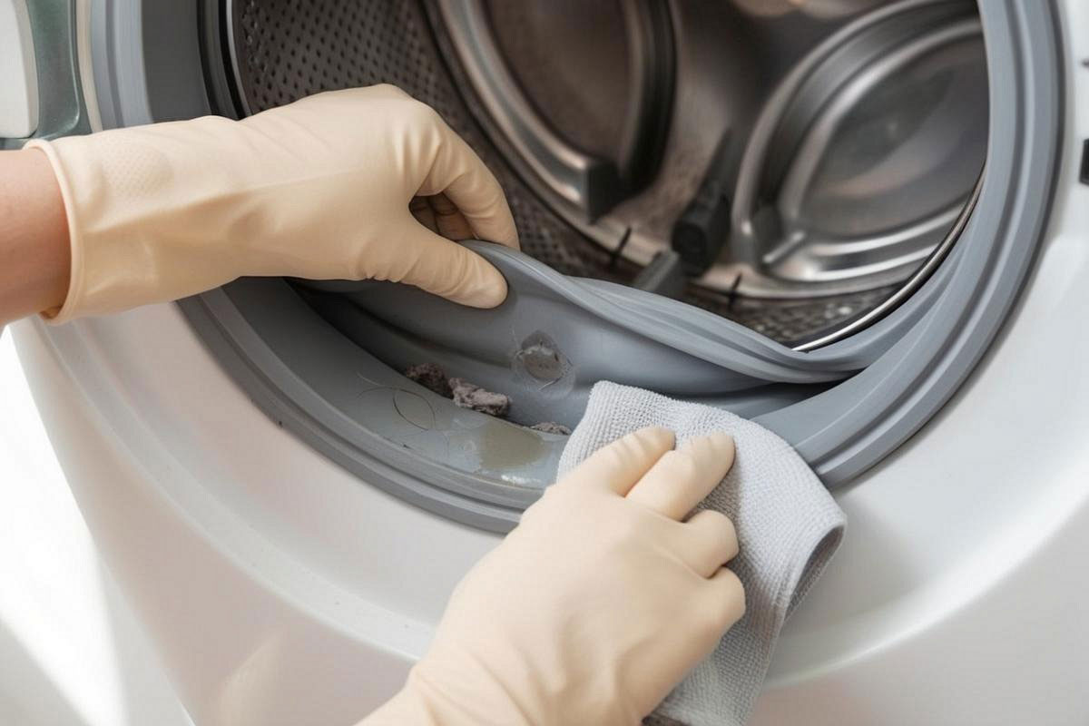 gros plan sur une main gantée écartant délicatement le joint d’une machine à laver et retirant fibres, cheveux et eau stagnante avec une microfibre
