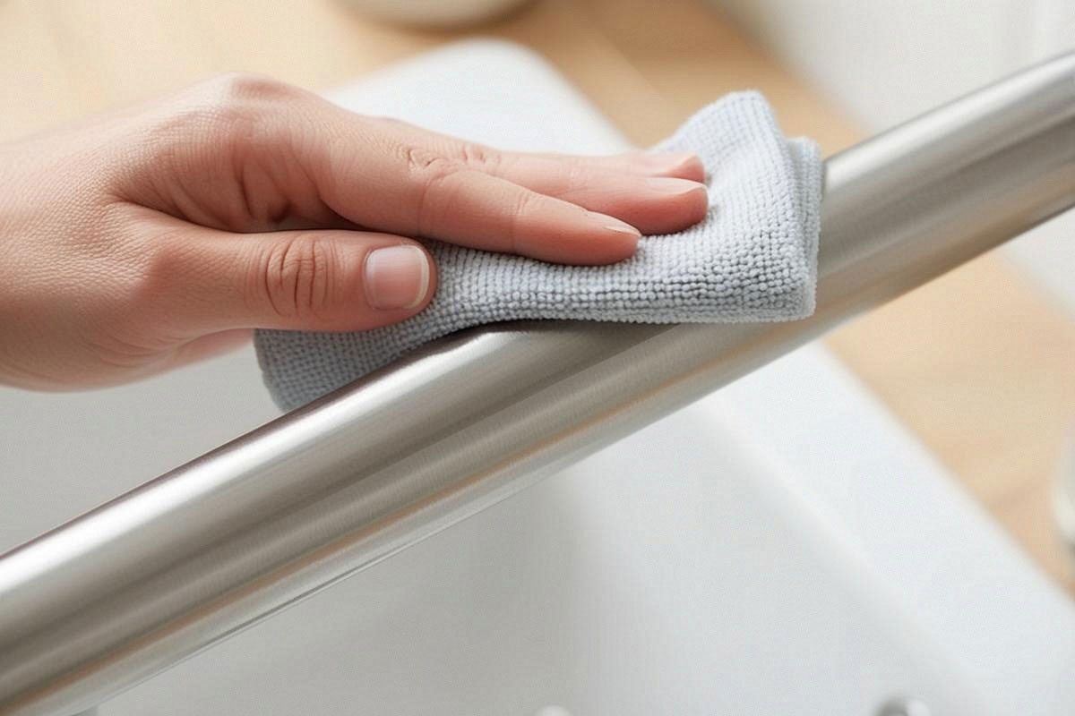 gros plan sur une main nettoyant délicatement un robinet en inox brossé avec une microfibre, en suivant exactement les lignes du métal