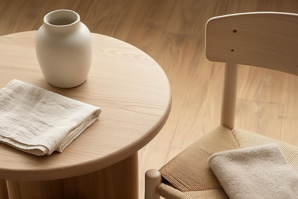 gros plan sur une table en chêne clair, parquet naturel, chaise en bois blond, vase en céramique mate et textiles crème pour illustrer l’importance des matières naturelles